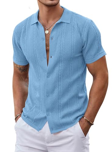 Oheyeseker Hemd Herren Kurzarm mit Knopfleiste Textur Leichtes Polohemd für Sommer Strand Urlaubshemd Freizeithemd(Blau,XXL) von Oheyeseker