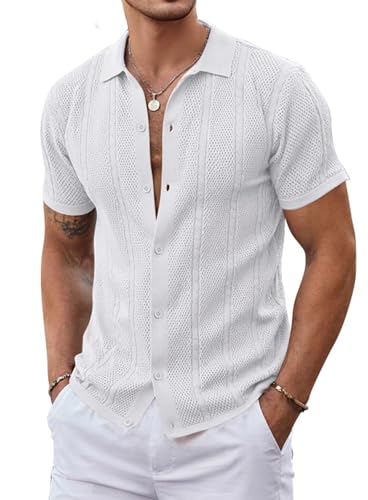 Oheyeseker Hemd Herren Kurzarm mit Knopfleiste Textur Leichtes Polohemd für Sommer Strand Urlaubshemd Freizeithemd(Weiß,XL) von Oheyeseker