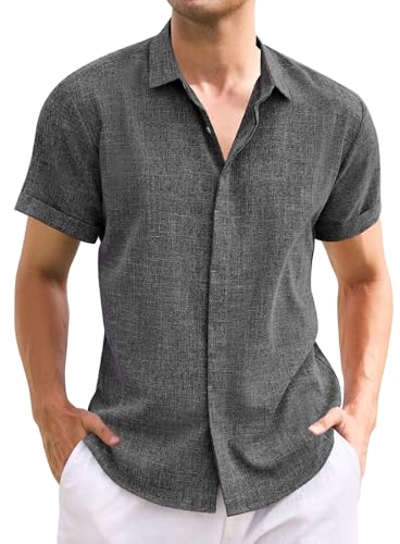 Oheyeseker Herren Casual Leinenhemd Solid Kurzarm Button Down Hemden Turn-up Kragen Kleidung Tops(2X-Large,Grau von Oheyeseker