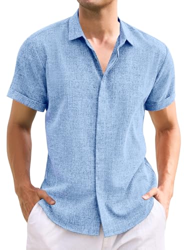 Oheyeseker Herren Casual Leinenhemd Solid Kurzarm Button Down Hemden Turn-up Kragen Kleidung Tops(Large，Blau von Oheyeseker