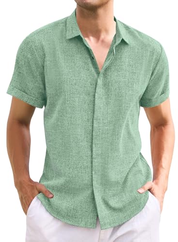 Oheyeseker Herren Casual Leinenhemd Solid Kurzarm Button Down Hemden Turn-up Kragen Kleidung Tops(Large,Matcha von Oheyeseker