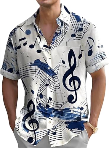 Oheyeseker Musikhemd mit Knopfleiste Hawaii Hemd Männer Hemden Herren Kurzarm Bedrucktes Strand Freizeithemd für Erwachsene Musik Weiß A XL von Oheyeseker
