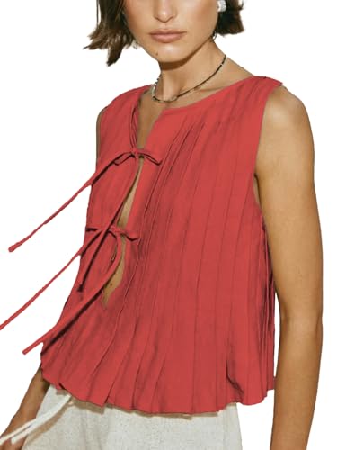 Oheyeseker Tanktop Damen Sommer Ärmelloses Boho Plissee Fliege Krawatte Knoten Leinen Y2k Spitze Lässig Top(Rot,M) von Oheyeseker