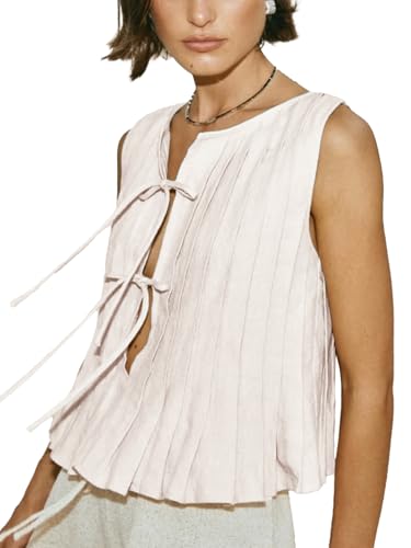 Oheyeseker Tanktop Damen Sommer Ärmelloses Boho Plissee Fliege Krawatte Knoten Leinen Y2k Spitze Lässig Top(Weiß,L) von Oheyeseker