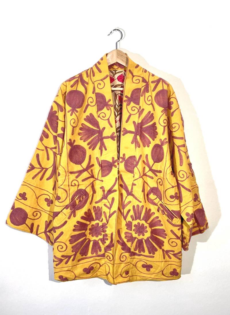 Reversible Suzani Blockprint Jacket - Colorful Oversized Boho Coat Handmade Quilted Festival Outerwear Kimono One Of A Kind von OhisamaStore
