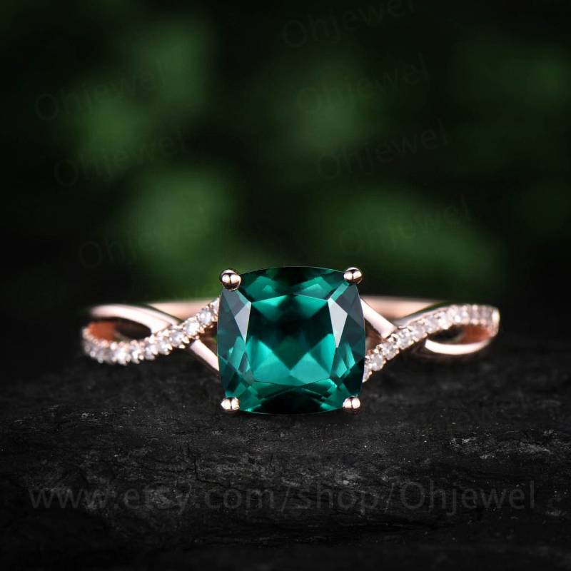1, 5 Ct Kissen Smaragd Verlobungsring Rose Gold 14K/18K Ring Vintage Echte Diamant-Ring Kann Geburtsstein Versprechen Hochzeit Brautring von Ohjewel
