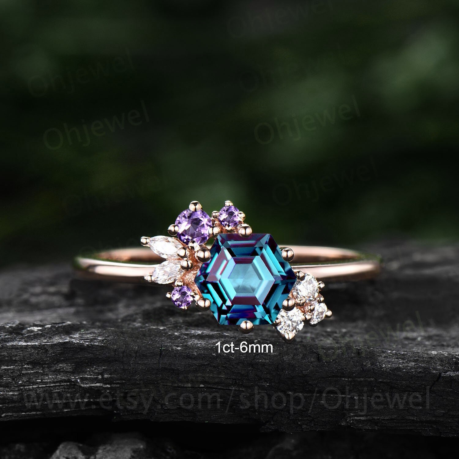 1Ct Hexagon Cut Alexandrit Verlobungsring 14K Rose Gold Zierliche Cluster Moissanite Amethyst Ring Vintage Unikat Ehering Für Frauen Geschenk von Ohjewel