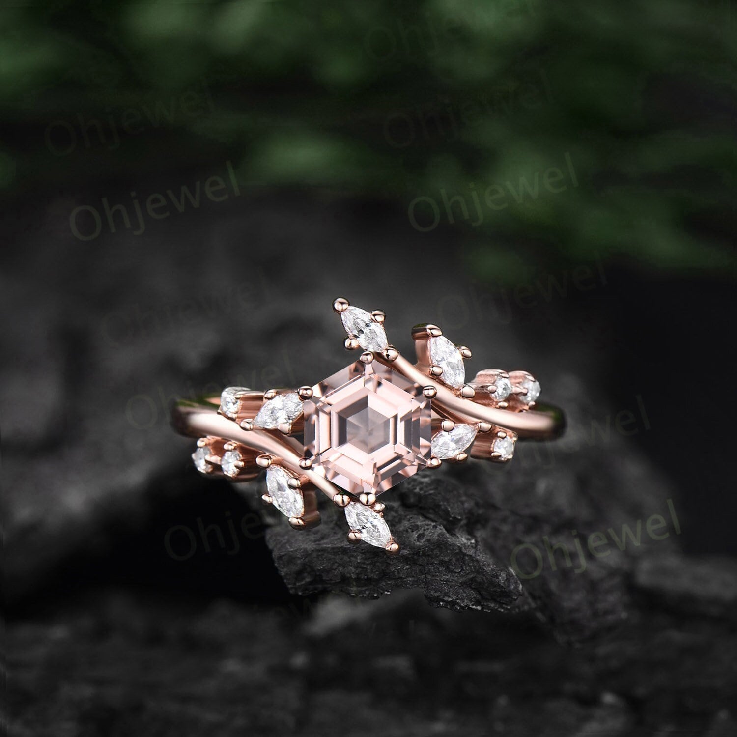 1Ct Hexagon Cut Morganit Ring Rosegold Vintage Unikat Verlobungsring Frauen Blatt Natur Inspiriert Marquise Diamant Versprechensring von Ohjewel