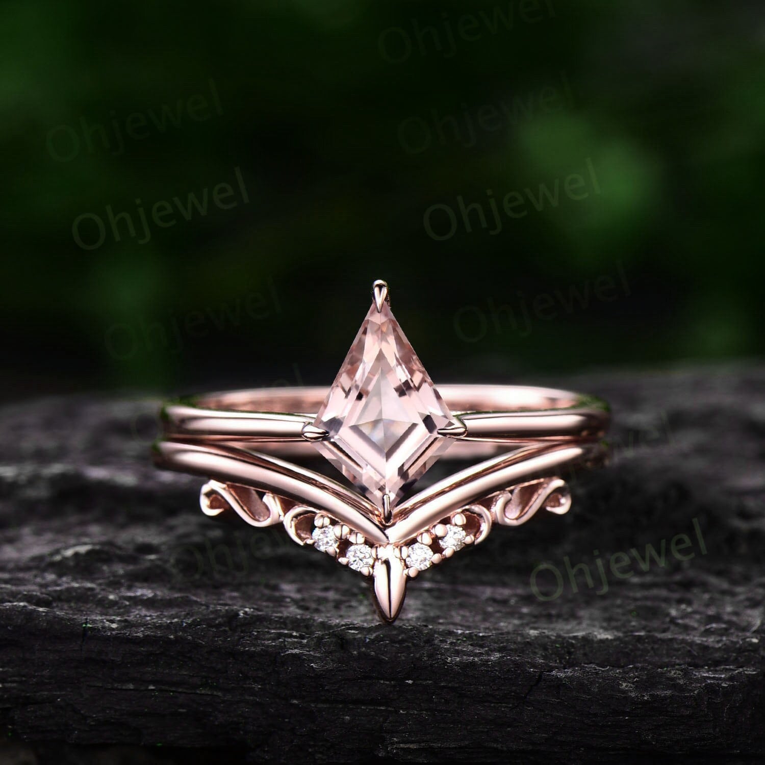 1Ct Kite Cut Pink Morganit Ring Roségold Unikat Solitär Verlobungsring Set Vintage Stil Diamant Ehering Band Frauen Braut von Ohjewel