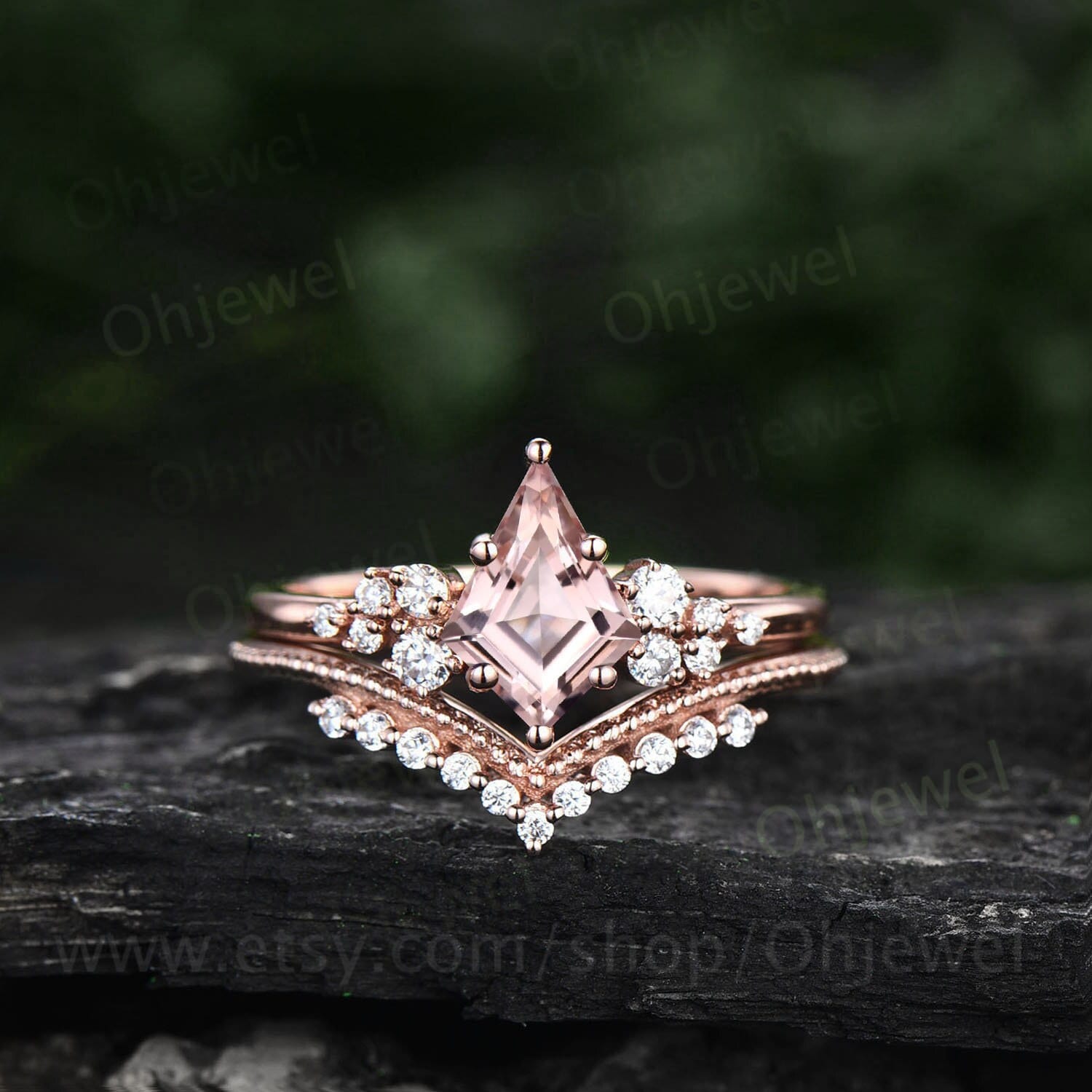 1Ct Kite Cut Rosa Morganit Verlobungsring Set Rosegold Unikat Schneedrift Für Frauen Rund Diamant Ring Antik Braut von Ohjewel