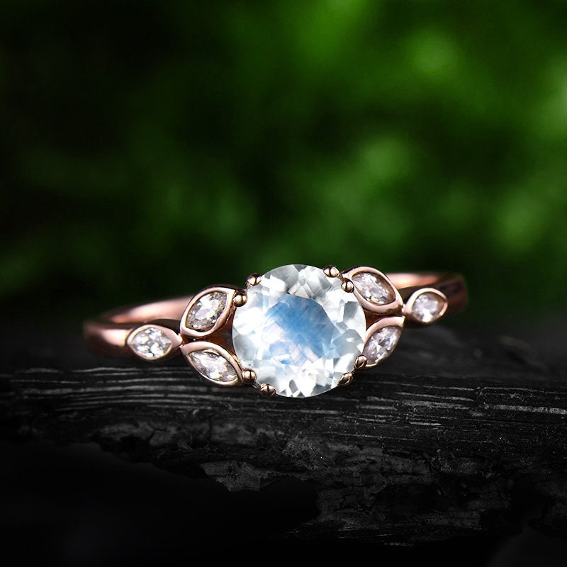 1Ct Natürliche Mondstein Verlobungsring Rose Gold 14K/18K Ring Art Deco Blume Moissanite Juni Geburtsstein Hochzeit von Ohjewel