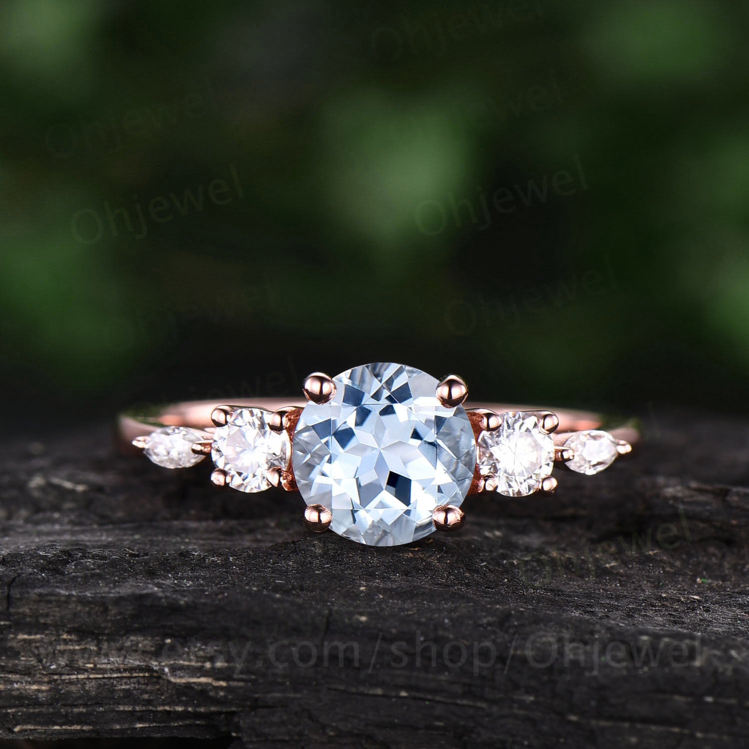 1Ct Rund Aquamarin Verlobungsring Fünf Stein Art Deco Roségold Silber Ring Damen Marquise Zierliche März Geburtsstein Geschenk von Ohjewel