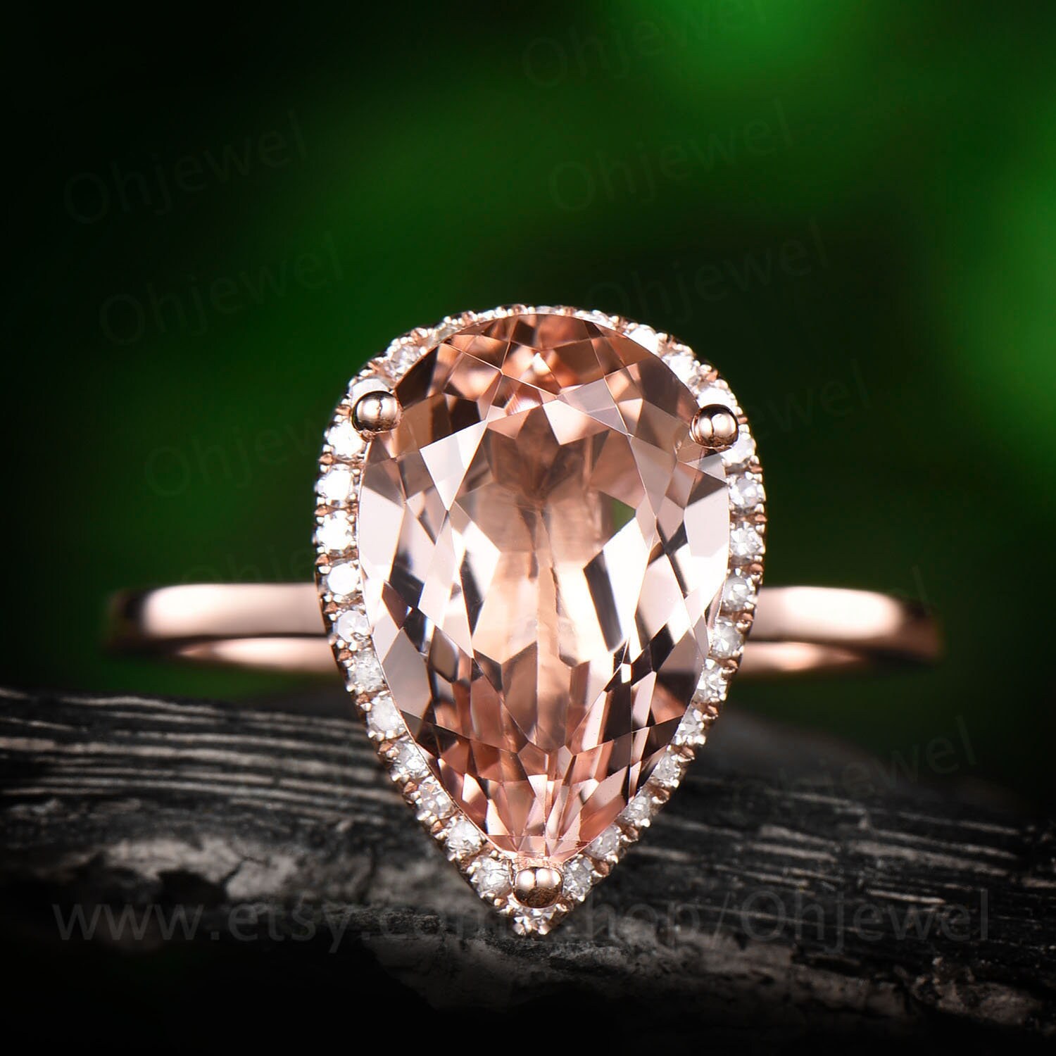 3, 5 Ct Rosa Morganit Verlobungsring Rose Gold 14K/18K Birne 8x12mm Große Ring Diamant Halo Vintage Hochzeit Versprechen Brautring von Ohjewel