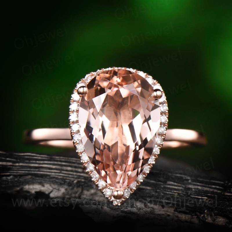 3, 5 Ct Rosa Morganit Verlobungsring Rose Gold 14K/18K Birne 8x12mm Große Ring Diamant Halo Vintage Hochzeit Versprechen Brautring von Ohjewel
