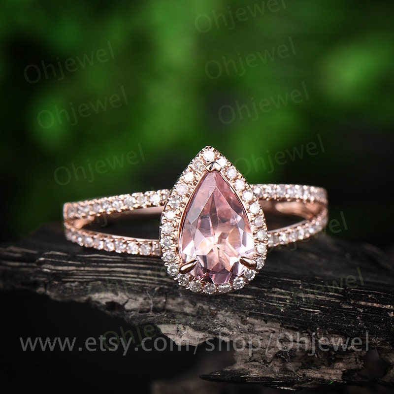 6 X 9 Mm Rosa Morganit Verlobungsring Roségold 14K/18K Diamant Halo Ring Spaltring Stapelbar Hochzeit Jahrestag Versprechen Brautring von Ohjewel