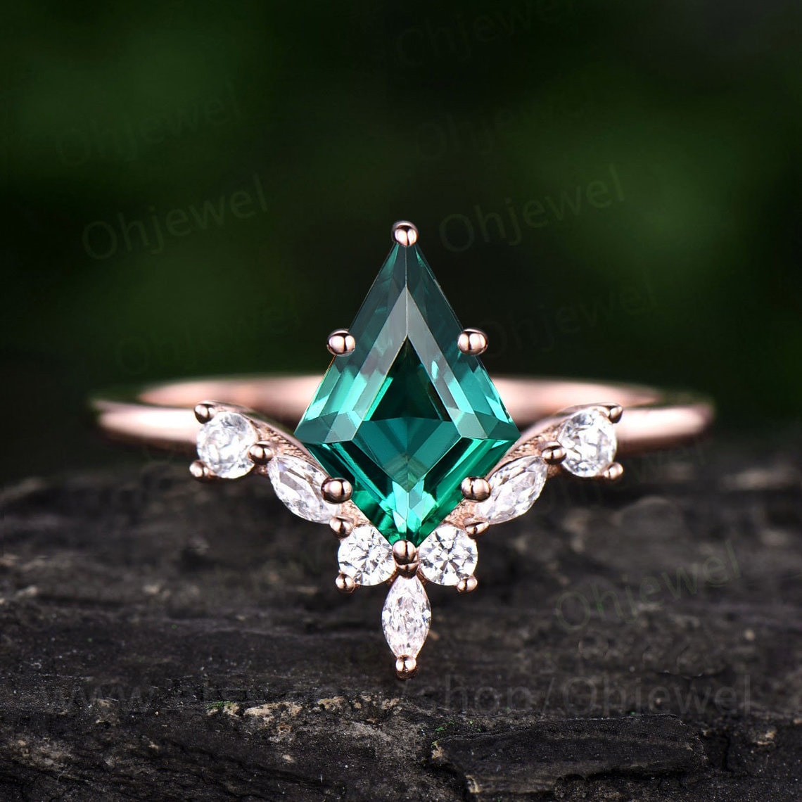 7x10mm Kite Cut Green Smaragd Verlobungsring Rosegold 6 Prong Unikat Diamant Jahrestag Versprechen Ehering Frauen Mai Geburtsstein Ring von Ohjewel