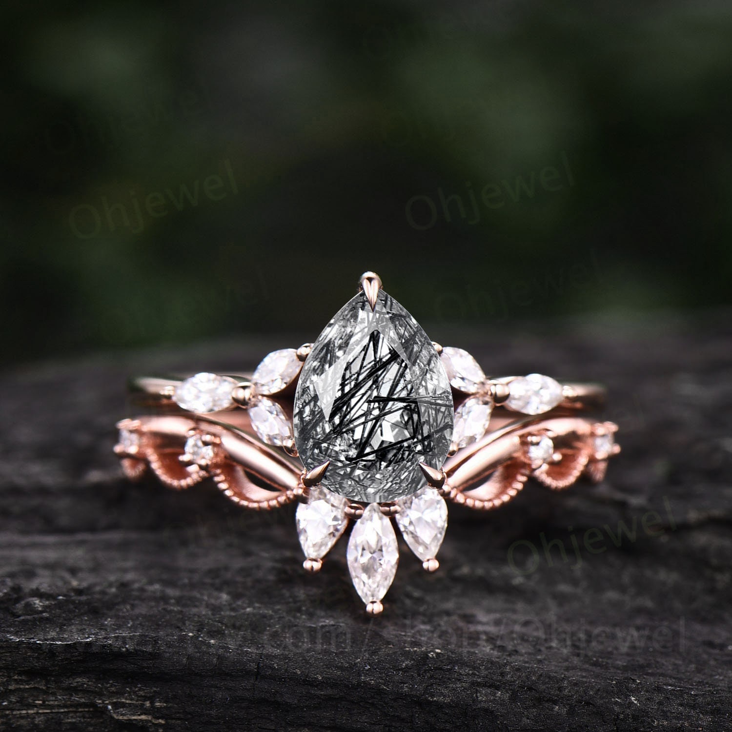 Birne Schwarz Rutilquarz Verlobungsring Set Roségold Silber Ring Art Deco Krone Milgrain Zierliche Schmuck Unikat Ehering von Ohjewel