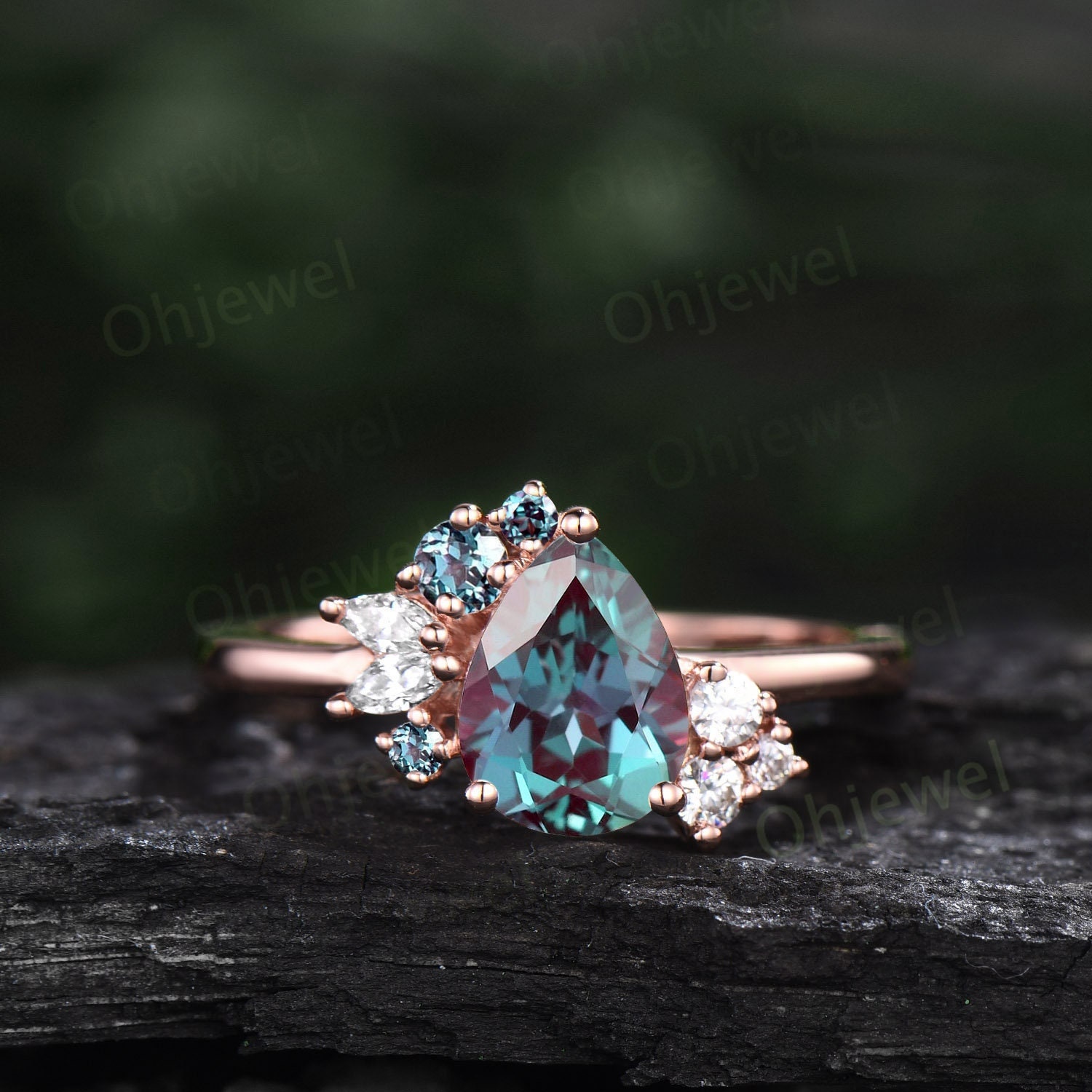 Birnenförmiger Alexandrit Ring Roségold Vintage Unikat Verlobungsring Zierliche Cluster Marquiseschliff Diamant Jahrestag Ehering Für Frauen von Ohjewel