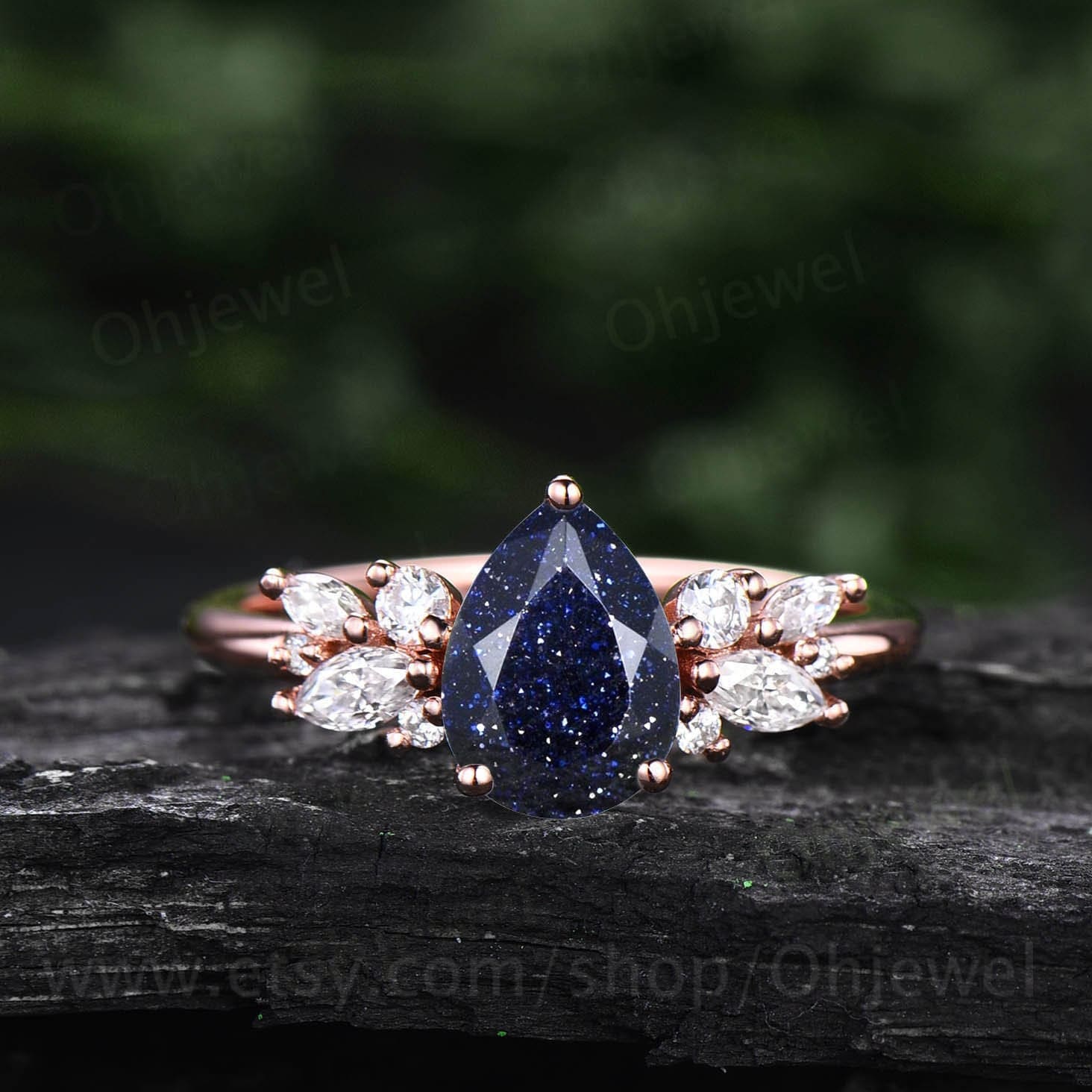 Birnenförmiger Blauer Sandstein Ring Vintage Alternative Unikat Cluster Verlobungsring Roségold Diamant Ehering Für Frauen von Ohjewel