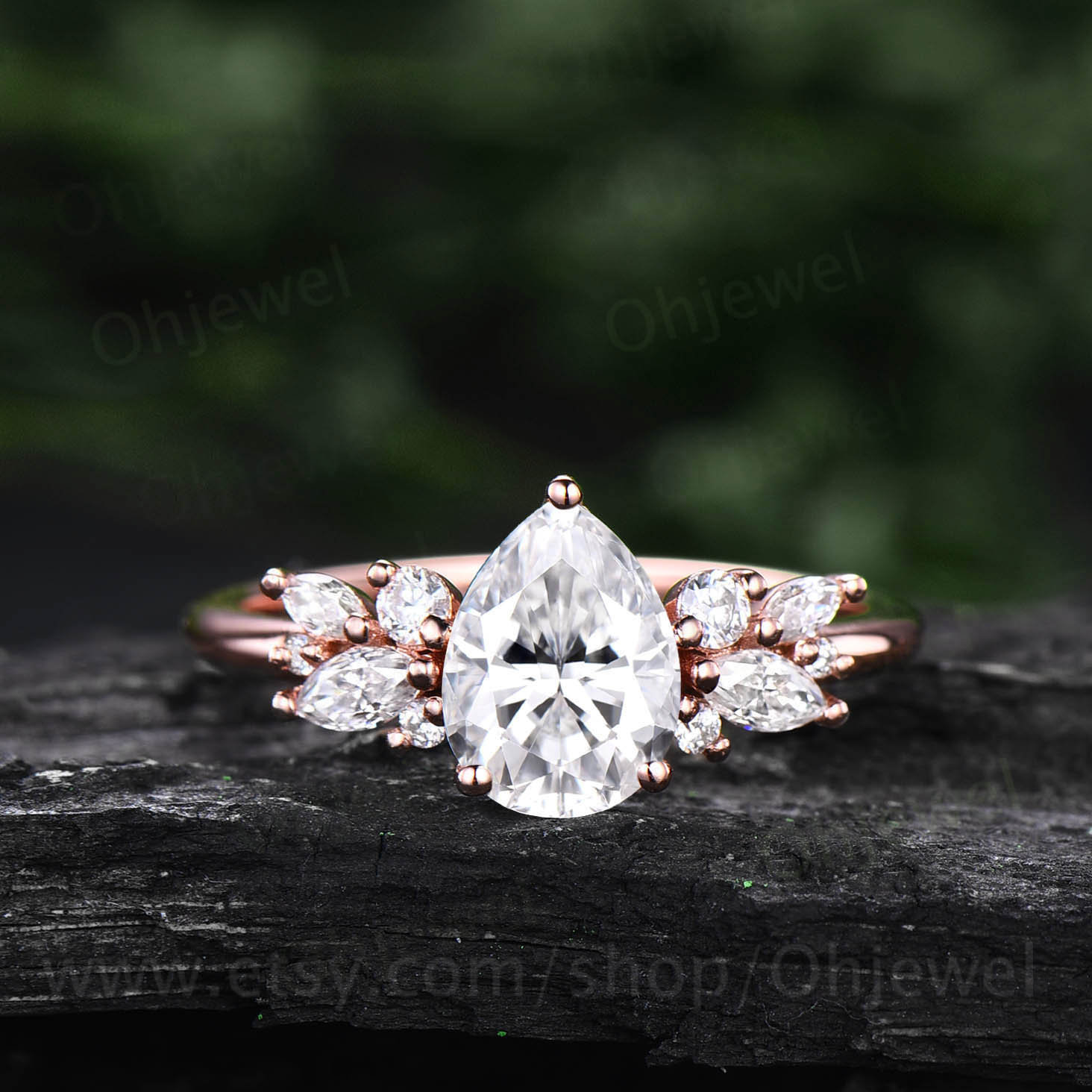 Birnenförmiger Moissanit Ring Roségold Silber Vintage Unikat Cluster Verlobungsring Art Deco Antik Diamant Ehering Frauen von Ohjewel