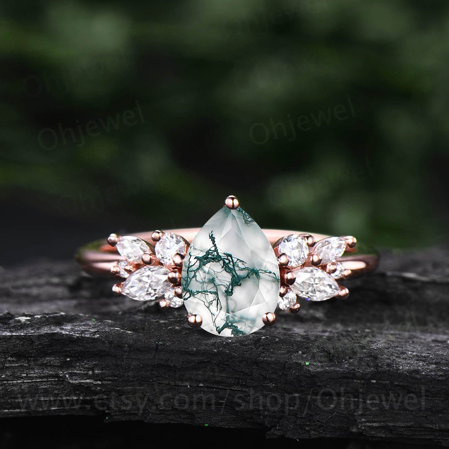 Birnenförmiger Moosachat Ring Vintage Unikat Cluster Grüner Verlobungsring 14K Roségold Silber Art Deco Diamant Ehering Frauen von Ohjewel