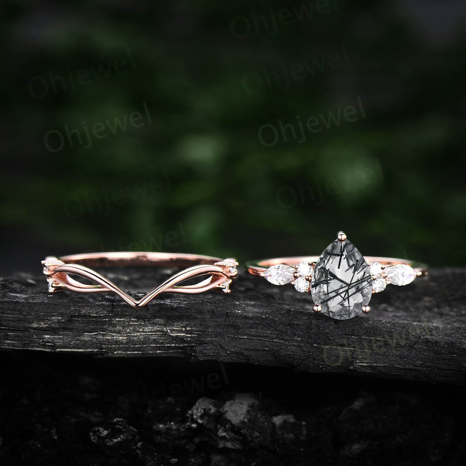 Birnenförmiger Schwarzer Rutilquarz Verlobungsring Set Rosegold Unikat Vintage Moissanit Ring Ehering Für Frauen von Ohjewel