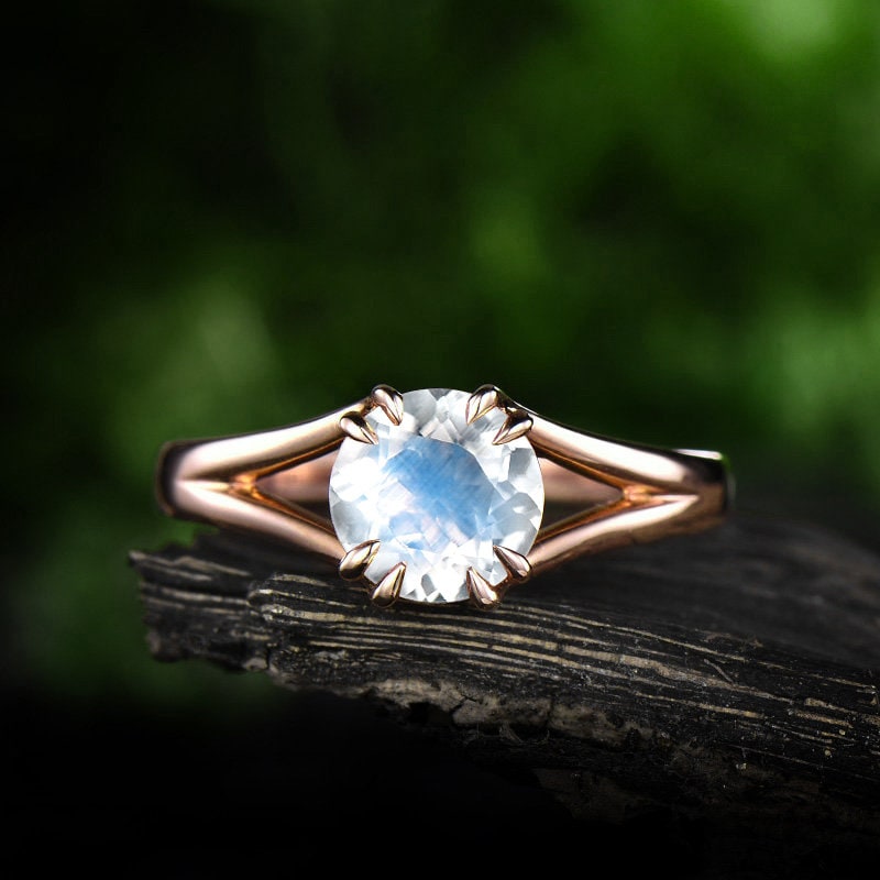 Blaue Natürliche Mondstein Verlobungsring Rose Gold 14K/18K Ring Vintage Zinken Set Juni Geburtsstein Versprechen von Ohjewel