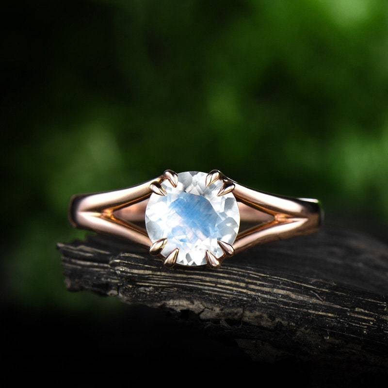 Blaue Natürliche Mondstein Verlobungsring Rose Gold 14K/18K Ring Vintage Zinken Set Juni Geburtsstein Versprechen von Ohjewel