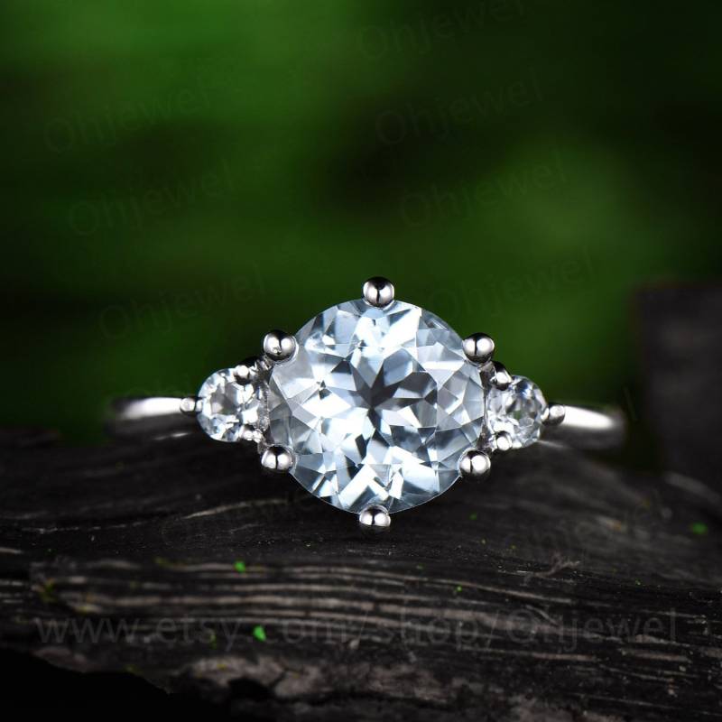 Drei Stein Aquamarin Verlobungsring Weißgold 14K/18K Ring Gold Vintage März Geburtsstein Hochzeit Schmuck von Ohjewel