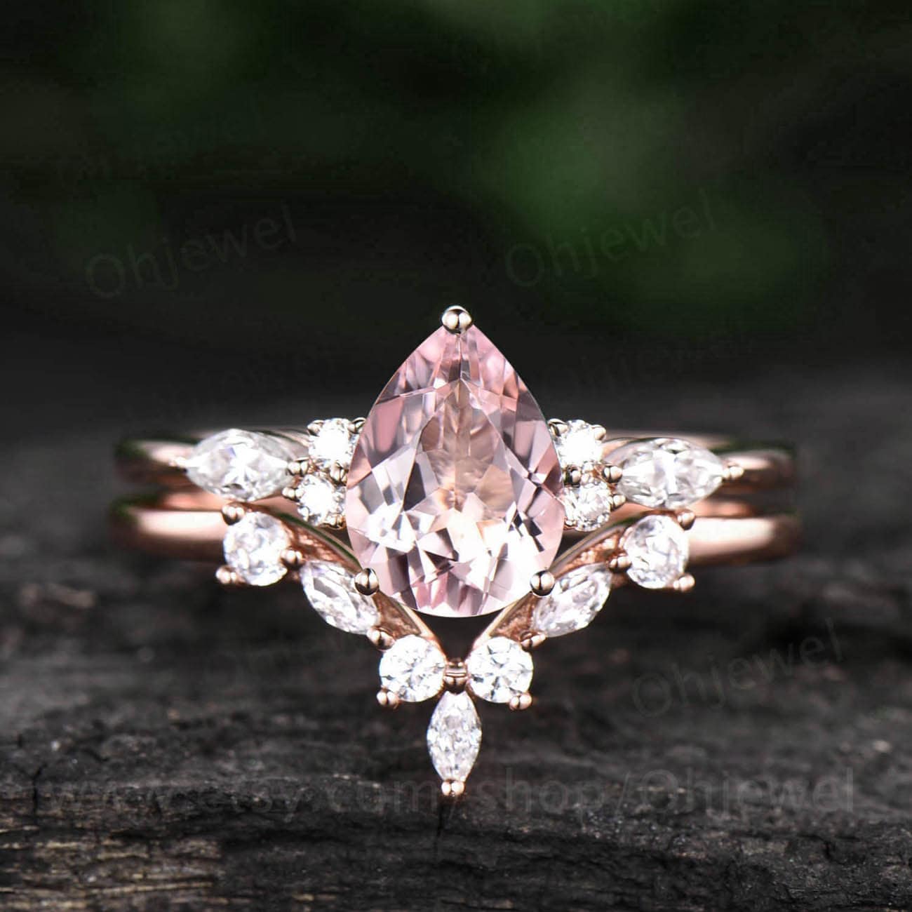 Einzigartiger Birnenförmiger Morganit Verlobungsring Set Rosegold Art Deco Marquise Moissanit Ring Rosa Für Frauen Brautring von Ohjewel