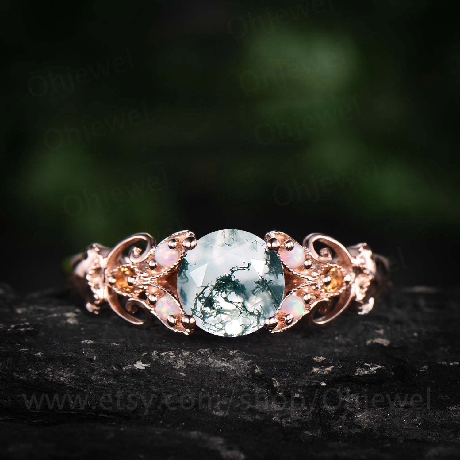 Einzigartiger Runder Grüner Moos Achat Verlobungsring Art Deco Vintage Opal Ring Citrin Milgrain Schmetterling Roségold Silber Ehering von Ohjewel