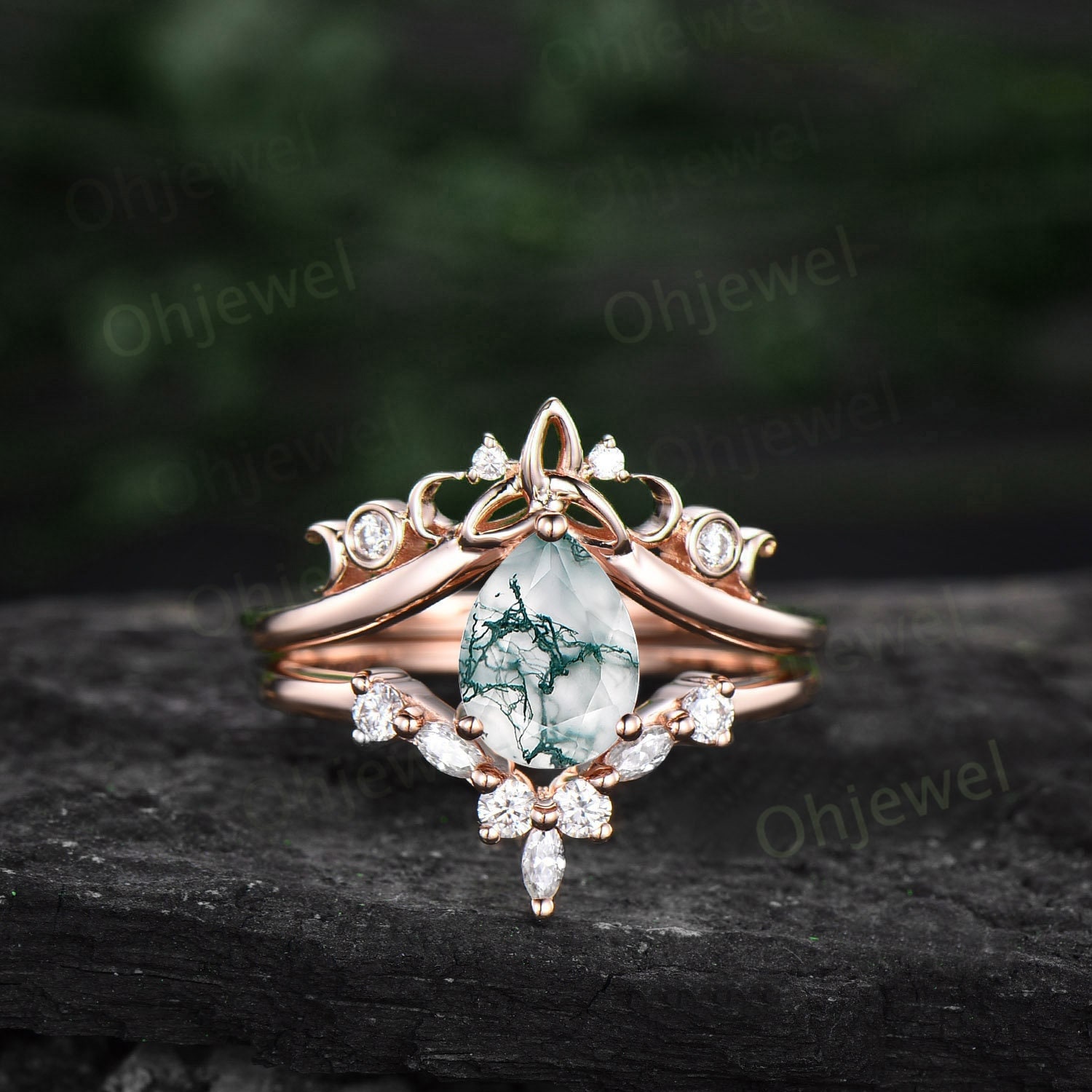 Einzigartiges Ehering Set Birnenförmige Grüne Moos Achat Verlobungsring Vintage Diamant Ring Roségold Frauen Cluster Marquise Schliff von Ohjewel