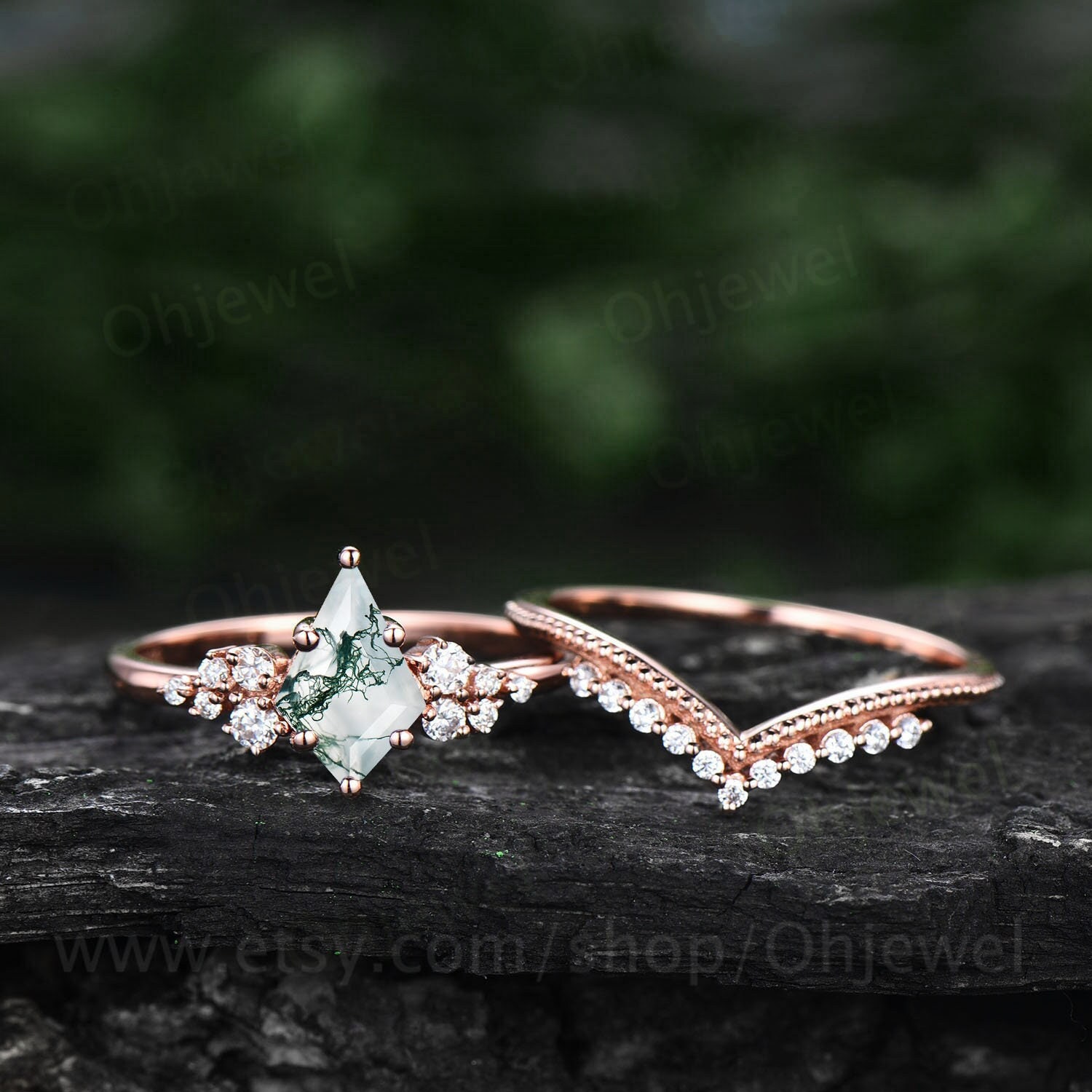 Grüner Moos Achat Verlobungsring Set Kite Cut Ring Roségold Vintage Unikat Schneetreiben Diamant Braut Ehering Für Frauen von Ohjewel