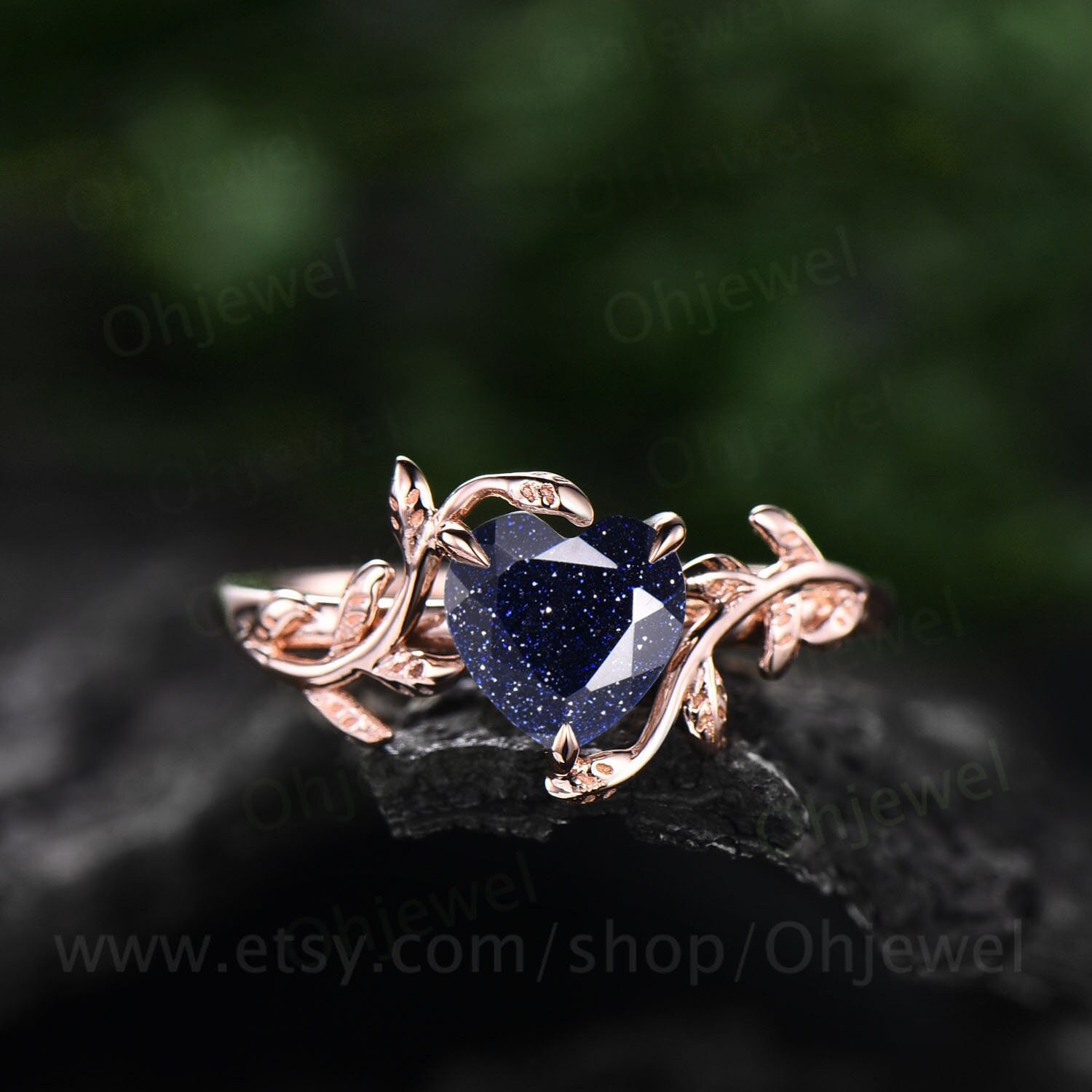 Herz Blauer Sandstein Verlobungsring Blatt Blume 14K Rose Gold Silber Einzigartige Vintage Solitär Ehering Für Frauen von Ohjewel