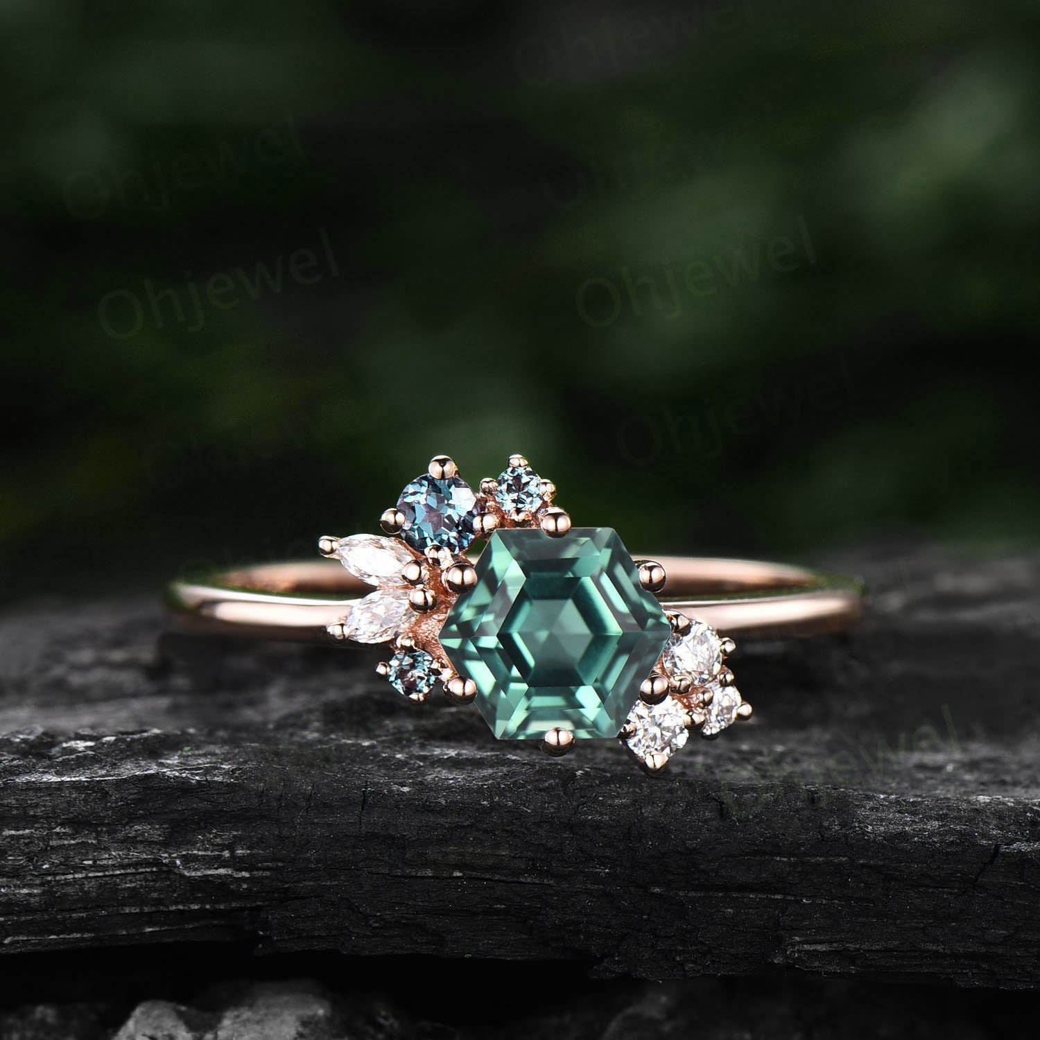 Hexagon Geschnitten Grüner Saphir Verlobungsring Petrol Art-Deco-Cluster Moissanite Ring Versprechen Braut Ehering Frauen von Ohjewel