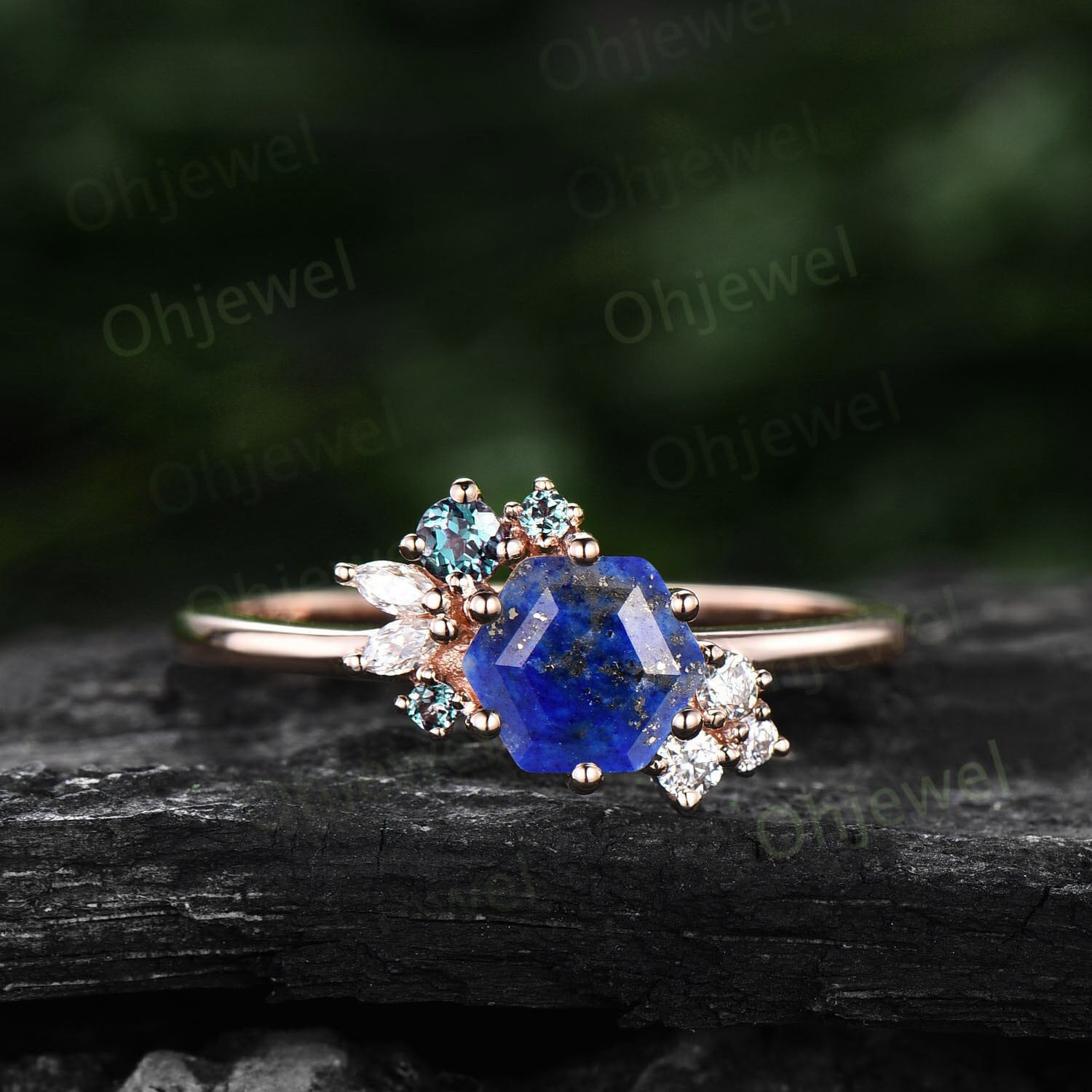 Hexagon Lapis Lazuli Ring Gold Silber Für Frauen Vintage Unikat Verlobungsring Art Deco Moissanit Ehering von Ohjewel