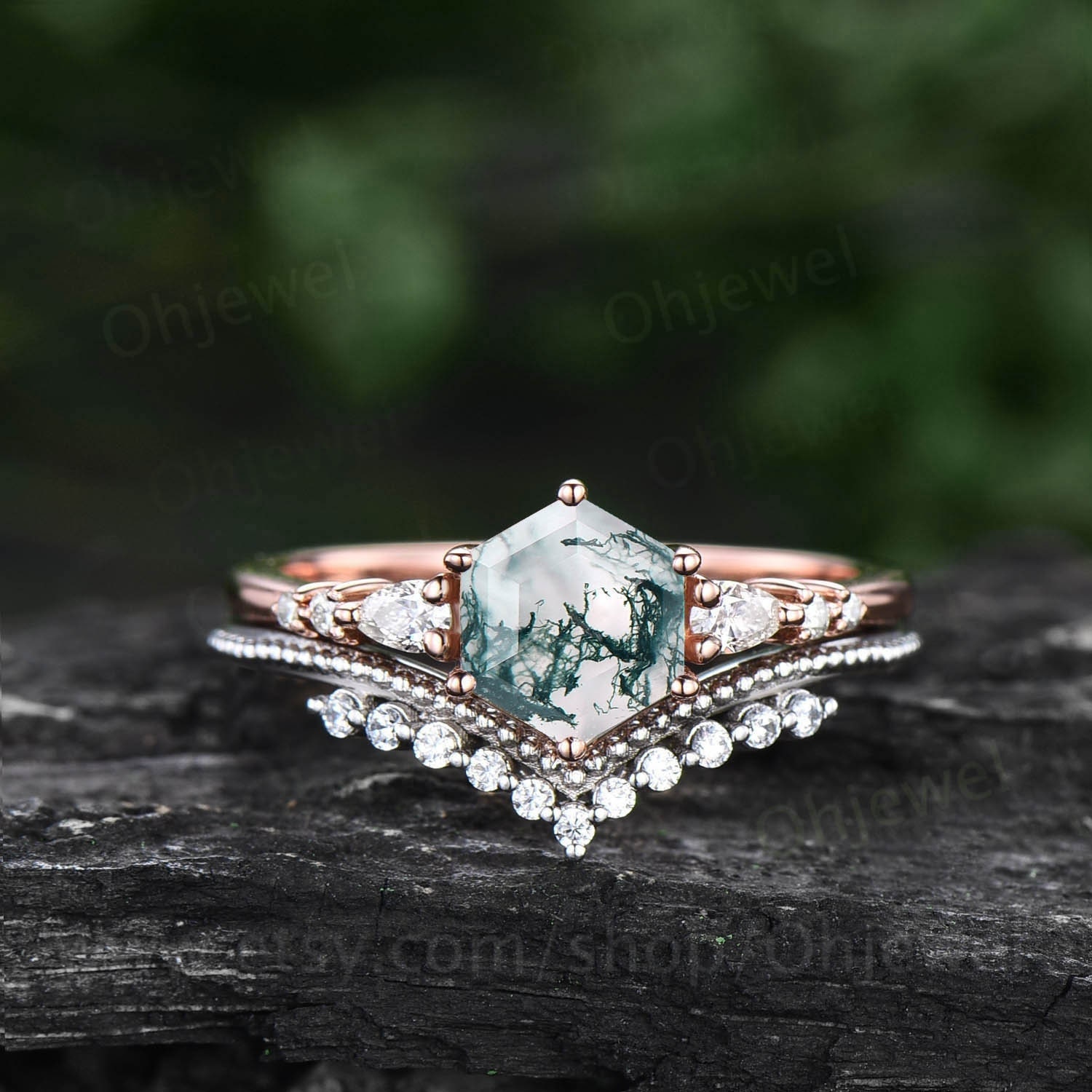 Hexagon Schliff Grüner Moissanit Ring Vintage Unikat Moos Achat Verlobungsring Set 14K Roségold Zierliche Eheringe Für Frauen von Ohjewel