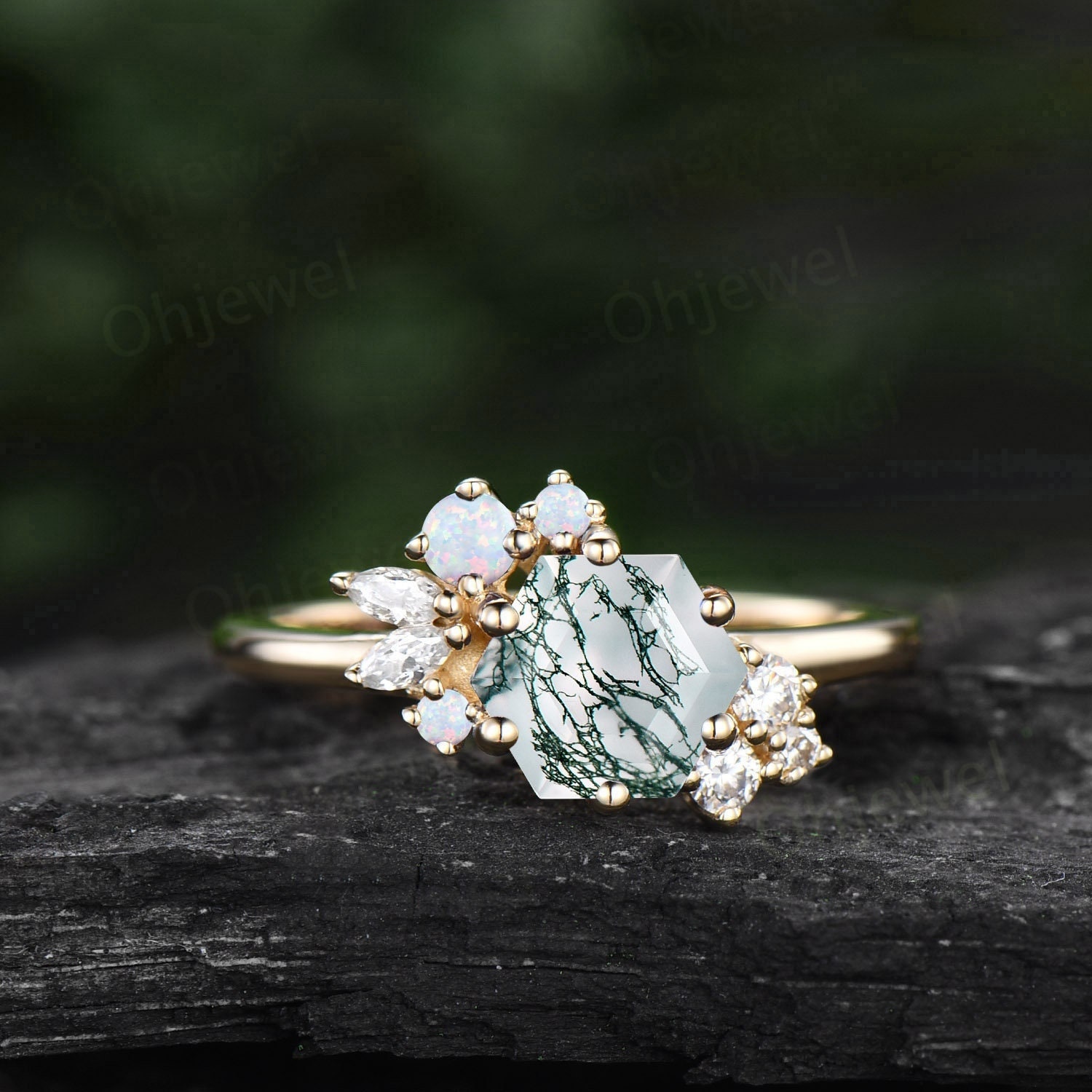 Hexagon Schliff Grüner Moos Achat Ring Gold Silber Vintage Unikat Verlobungsring Cluster Opal Art Deco Diamant Versprechen Ehering Frauen von Ohjewel