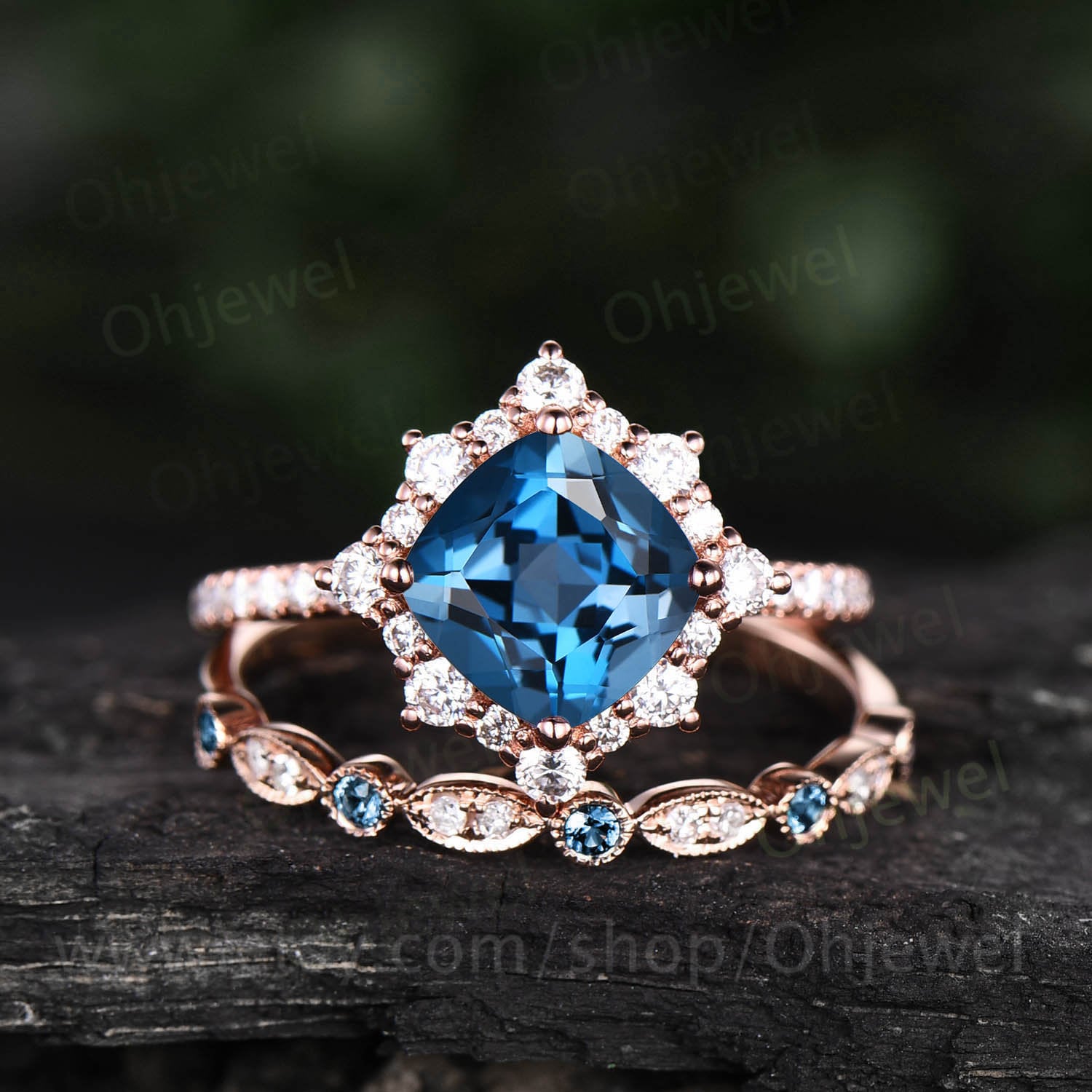 London Blautopas Ring Unikat Verlobungsring Set Kissenschnitt Rosegold Antik Moissanit Brautring Frauen von Ohjewel