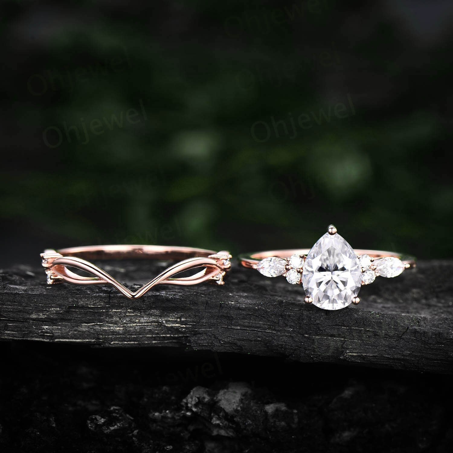 Moissanit Ring Set Roségold Vintage Birnenförmiger Verlobungsring Art Deco Stapelring Unikat Ehering Frauen von Ohjewel