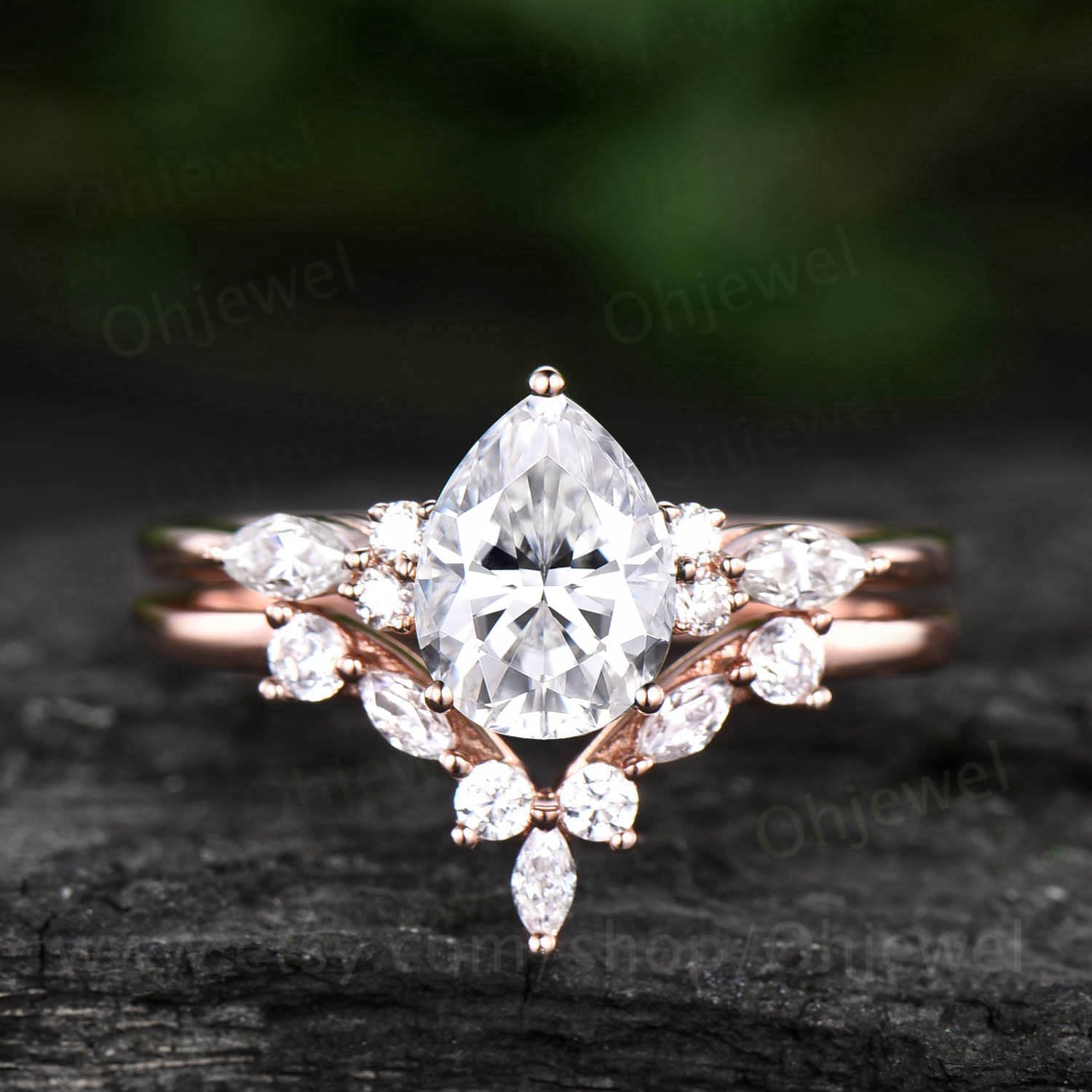 Moissanite Verlobungsring Set 7 Stein Rose Gold Silber Art Deco Vintage Marquise Ehering von Ohjewel