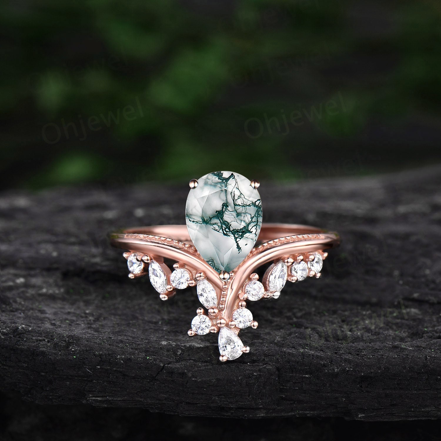 Moos Achat Ring Vintage Birnenförmiger Verlobungsring 14K Roségold Silber Art Deco Cluster Diamant Versprechen Ehering Frauen Geschenk von Ohjewel