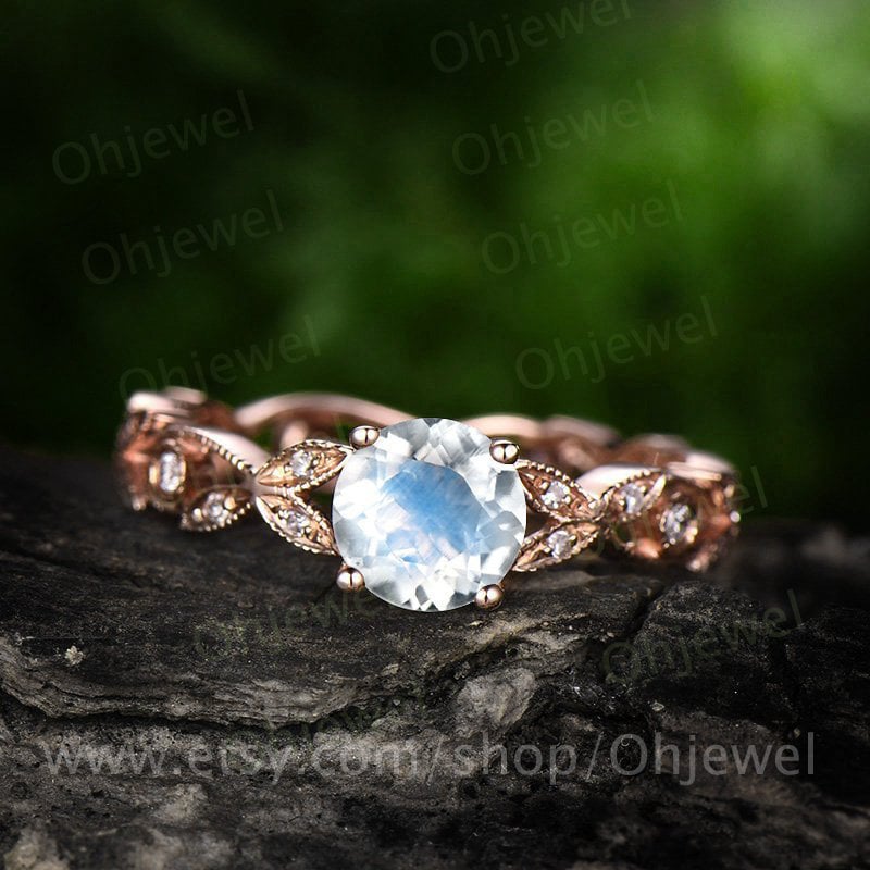 Natürliche Mondstein Engagement Ring Rose Gold Vintage-Diamant Voller Ewigkeit Hochzeit Juni Geburtsstein Einzigartige Versprechen Ring von Ohjewel