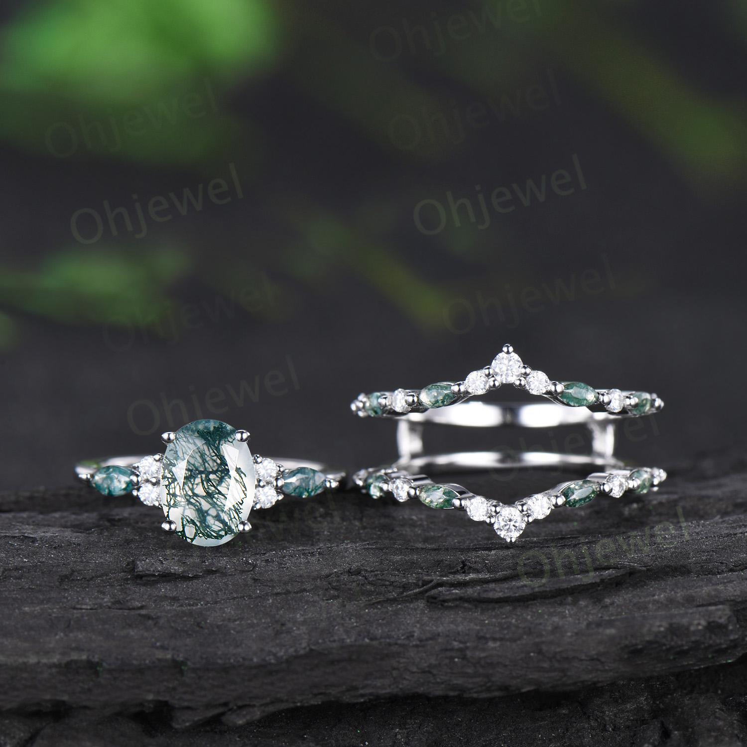 Oval Geschnitten Natürlichen Moos Achat Verlobungsring Set Weißgold Moissanit Doppel Ehering Verstärker Einzigartige Versprechen Brautring Frauen von Ohjewel