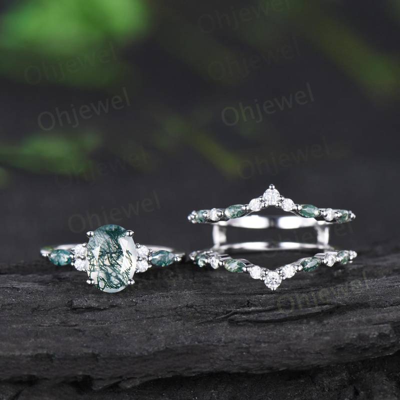 Oval Geschnitten Natürlichen Moos Achat Verlobungsring Set Weißgold Moissanit Doppel Ehering Verstärker Einzigartige Versprechen Brautring Frauen von Ohjewel