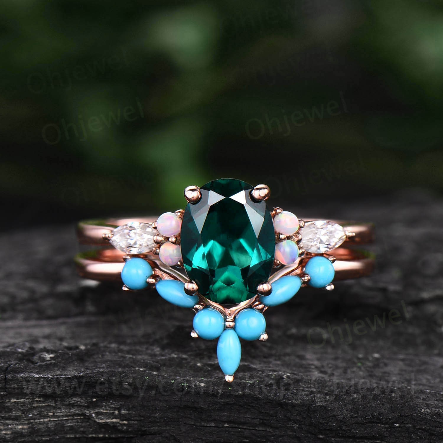 Oval Smaragd Verlobungsring Set 14K Rosegold Vinatge Opal Ring Marquise Moissanit Für Frauen Türkis Ehering von Ohjewel