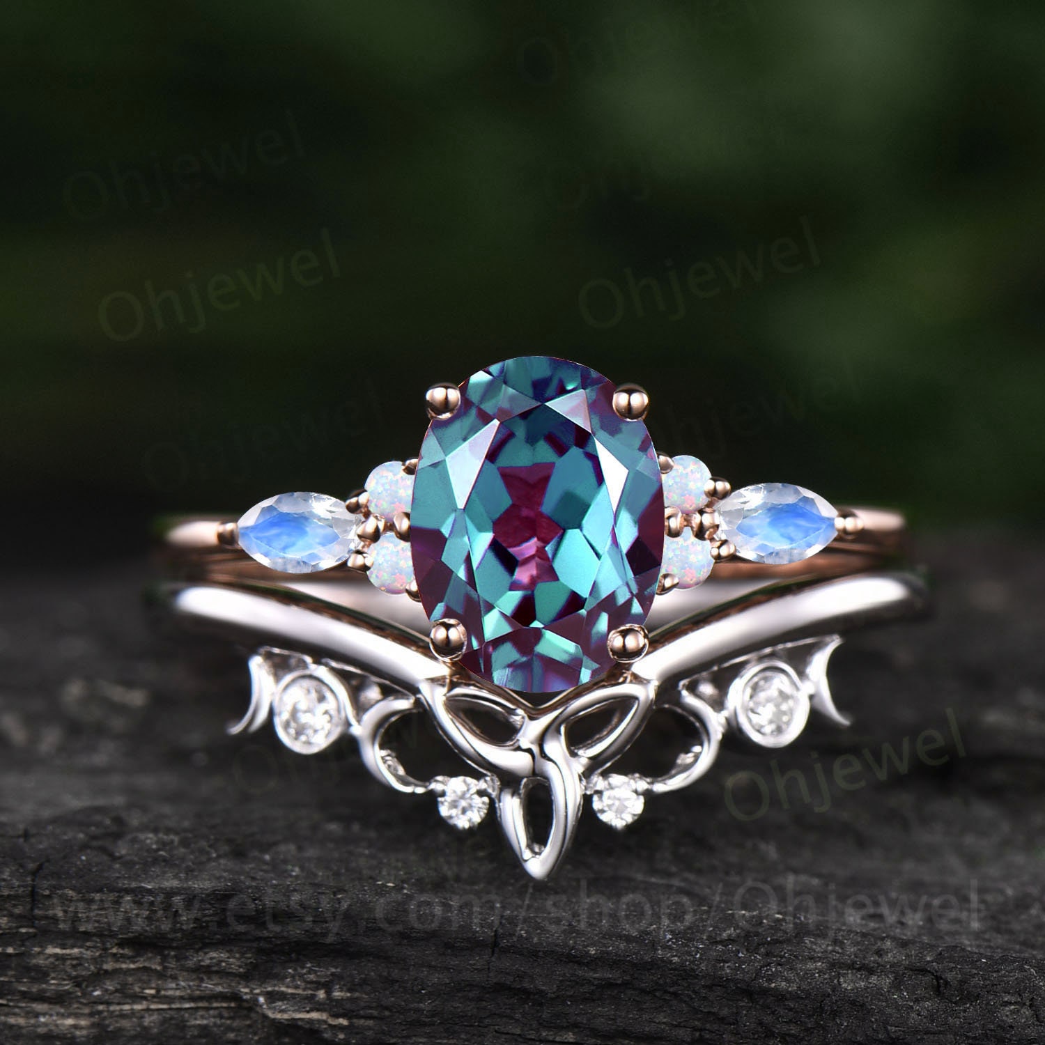 Ovaler Schliff Alexandrit Ring Roségold Vintage Unikat Verlobungsring Set Marquise Cut Mondstein Opal Silber Ehering Frauen von Ohjewel