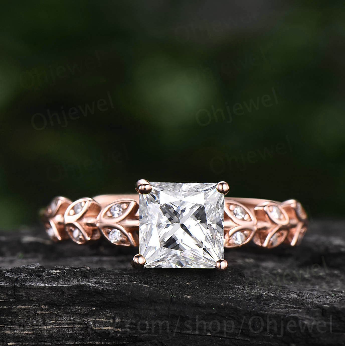 Prinzessin Cut Moissanit Verlobungsring Blatt Art Deco Unikat Vintage Stil Rosegold Handgemacht Zierliche Trauring Für Frauen von Ohjewel