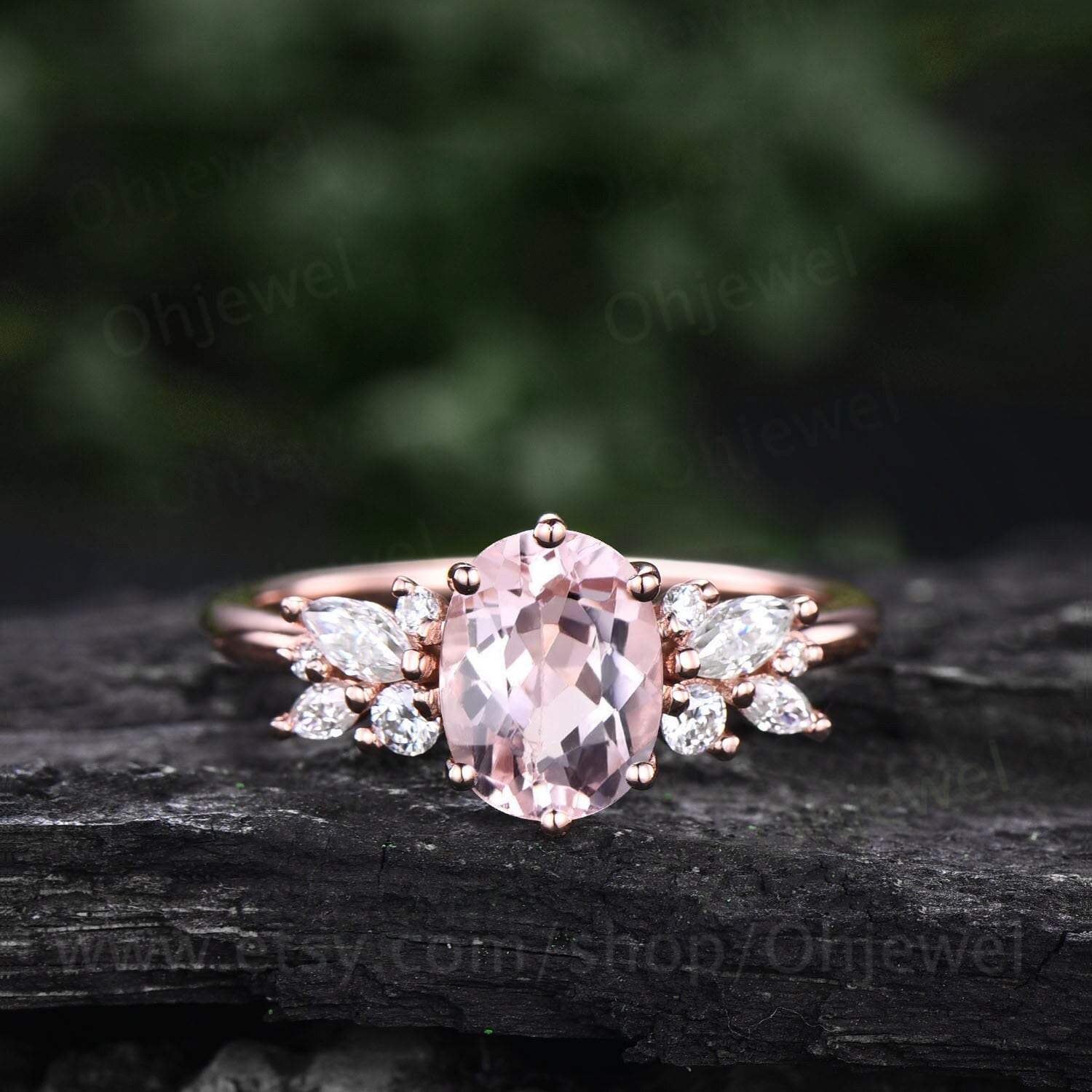 Rosa Morganit Ring Vintage Verlobungsring Unikat Cluster Rosegold 6 Zange Diamant Versprechen Ehering Frauen von Ohjewel