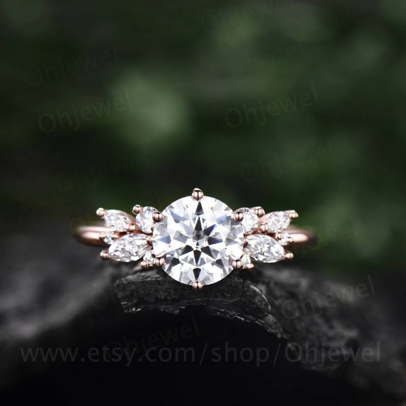 Rundschliff Moissanit Ring Vintage Unikat Cluster Verlobungsring 14K Roségold Silber Marquiseschliff Diamant Ehering Für Frauen von Ohjewel